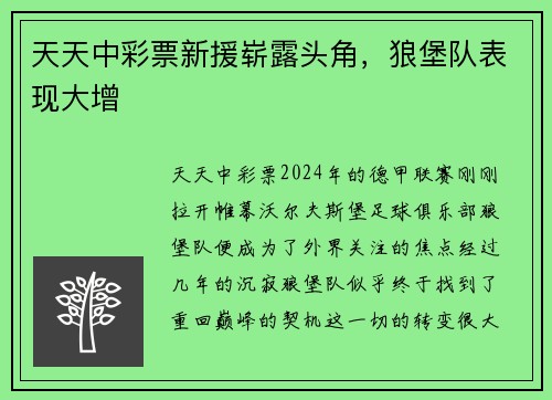 天天中彩票新援崭露头角，狼堡队表现大增