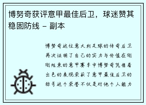 博努奇获评意甲最佳后卫，球迷赞其稳固防线 - 副本