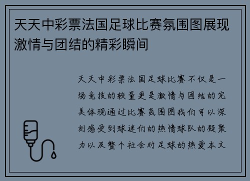 天天中彩票法国足球比赛氛围图展现激情与团结的精彩瞬间
